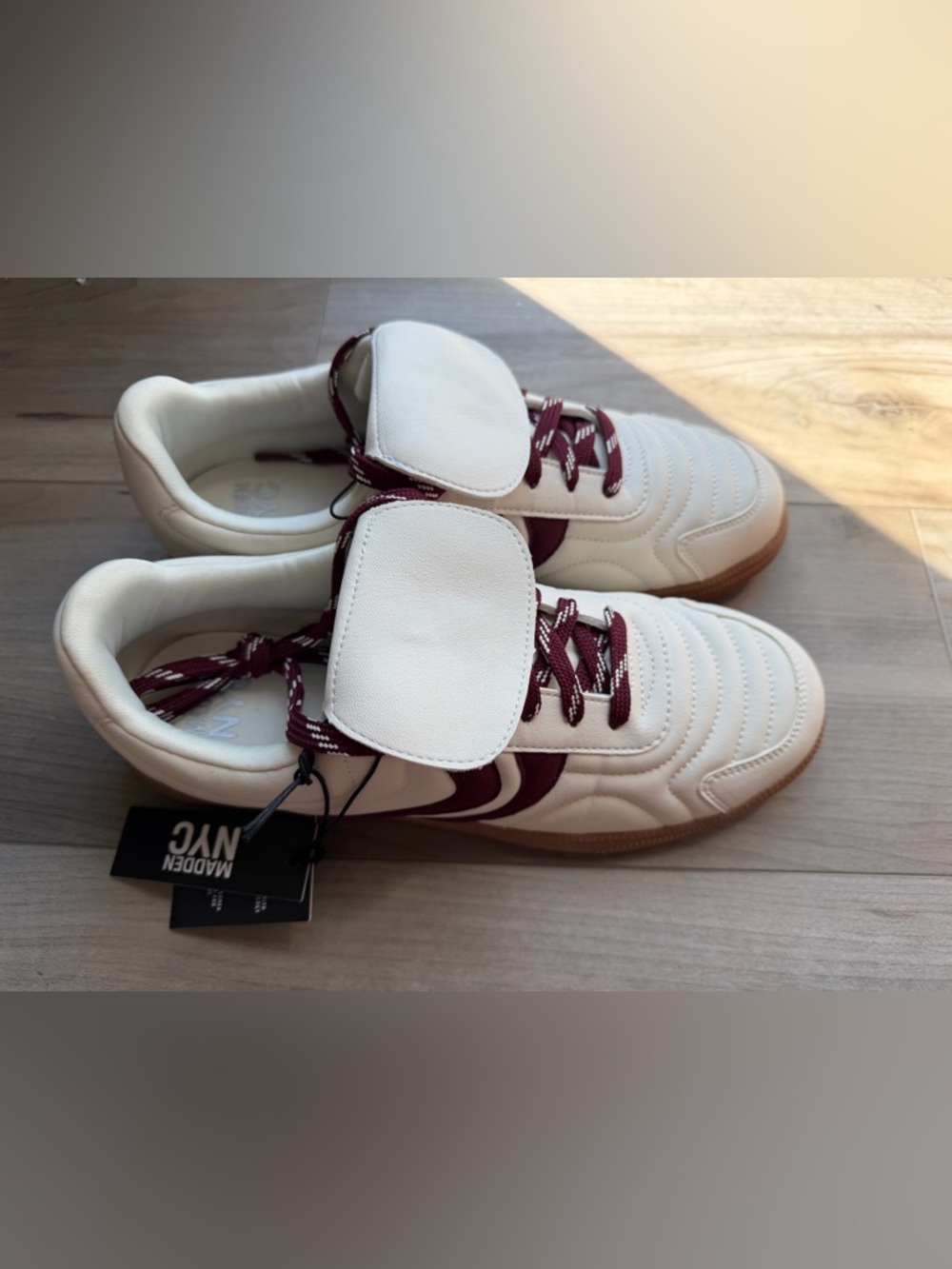 Woman’s Madden NYC Cream and Burgundy Retro Trainer Sneakers